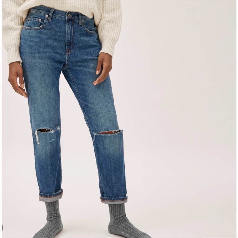 Everlane The Summer Jean High Rise Distressed Ripped Knee Medium Wash Sz 28